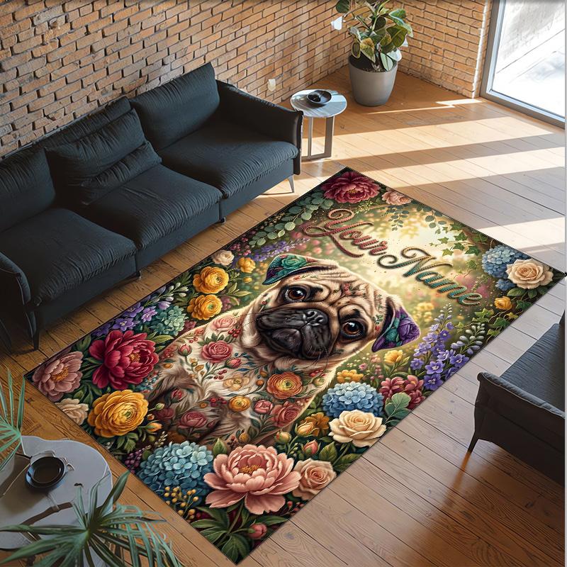 Pug Theme Crystal Velvet Floor Rug Personalized Custom Name Text Warm Carpet Home Decoration