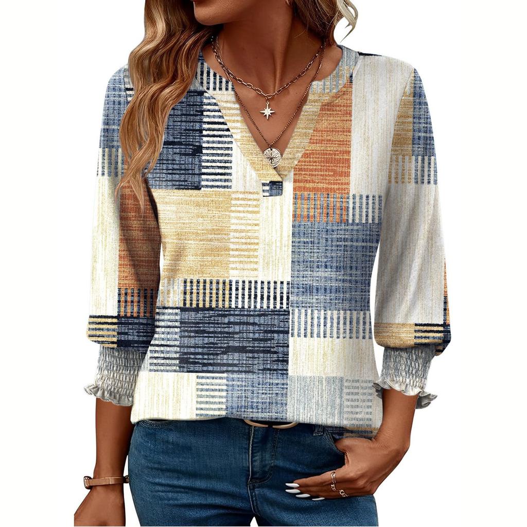 Blouses For Women Dressy Casual 3/4 Length Sleeve Womens Tops O Neck T Shirts With Smocked Cuffs