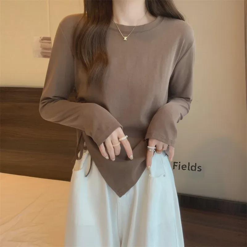 Корейская весна 2025 женская универсальная футболка с длинным рукавом и завязками, нестандартный дизайн, облегающий крой