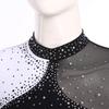 Womens Sparkly Rhinestone Figure Skating Dance Dress Contrast Color Sheer Mesh Patchwork Long Sleeve Mock Neck Dresses