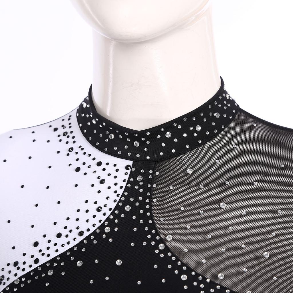Womens Sparkly Rhinestone Figure Skating Dance Dress Contrast Color Sheer Mesh Patchwork Long Sleeve Mock Neck Dresses