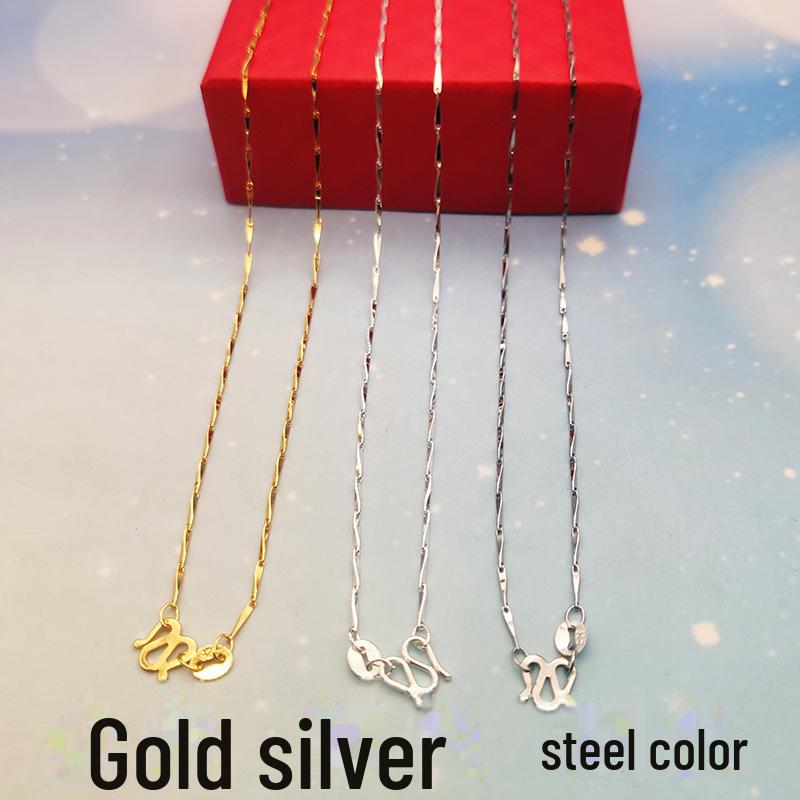 S925 Silver Necklace with Snake Bone, Melon Seed, and Water Wave Charm - O-Shaped, Copper-Plated Simple Clavicle Chain