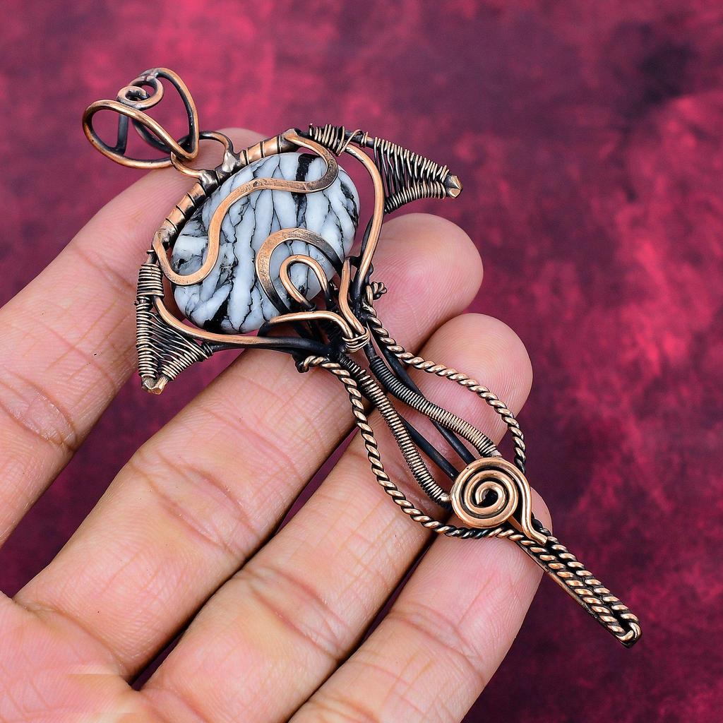 Pinolith Jasper Gemstone Pendant Copper Wire Wrapped Rainbow Moonstone Jewelry