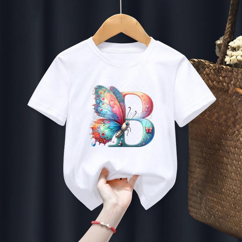 Alphabet Design Girl T-shirt Outfits Watercolor Butterfly Flower Letters T-shirts for Toddler Girl Initials Floral Top