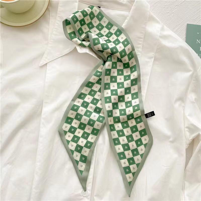 Маленький белый и нежно-зеленый шелковый шарф для женщин, тонкая лента, повязка на голову, резинка для волос, украшение для сумки, длинный