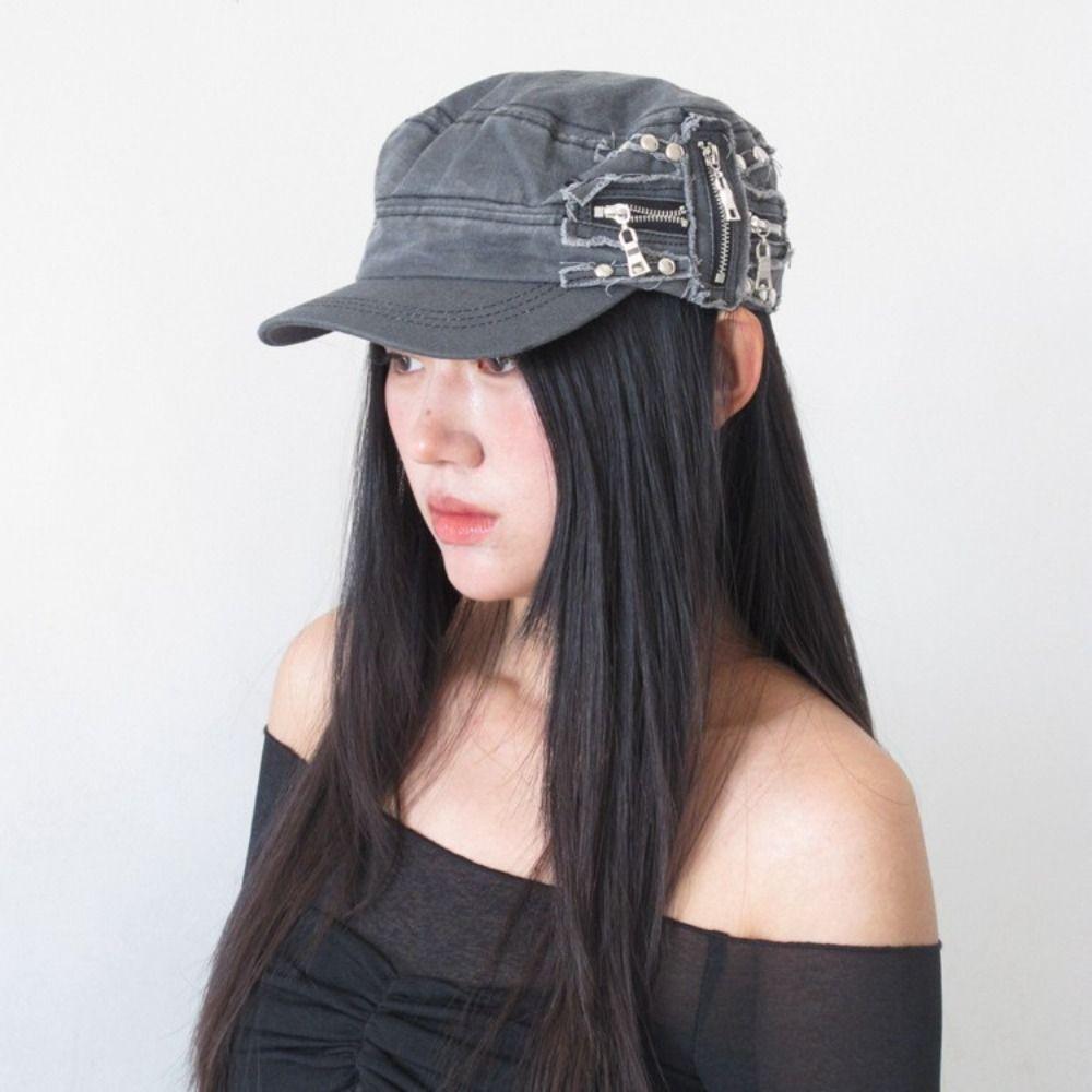 Y2k Metal Rivet Flat Top Hat Cloth Equestrian Hat Personality Retro Baseball Cap  Travel