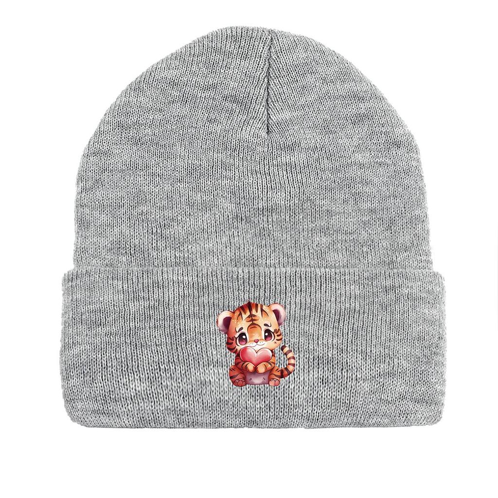 Cute Tiger Heart Warm Knitted Cap Beanie, Animal Woman Cap Lightweight Slouchy Casual Bonnet Knit Hat Beanie