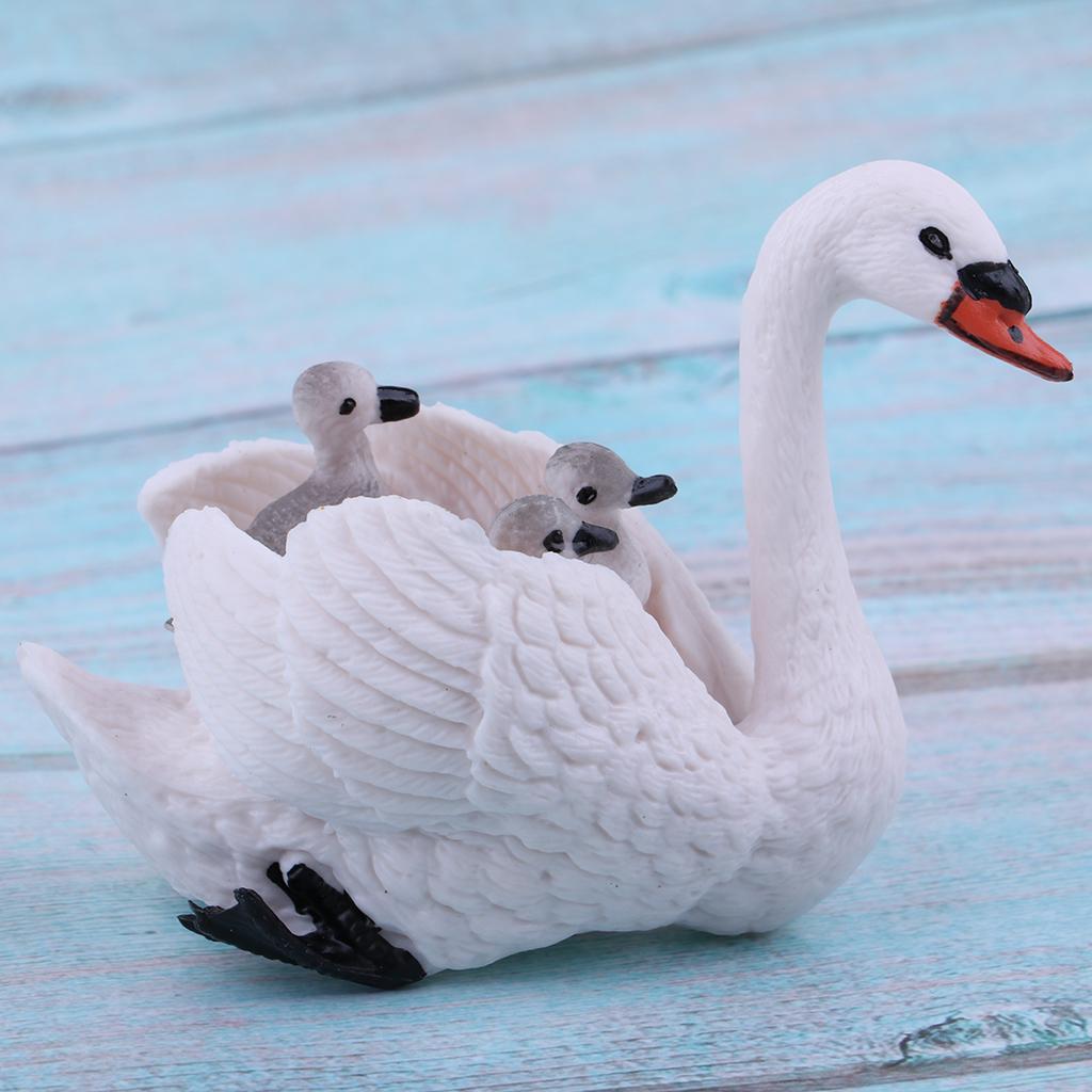White Swan Figure with Babies On Back Animal Model Set Toy Home Ornaments