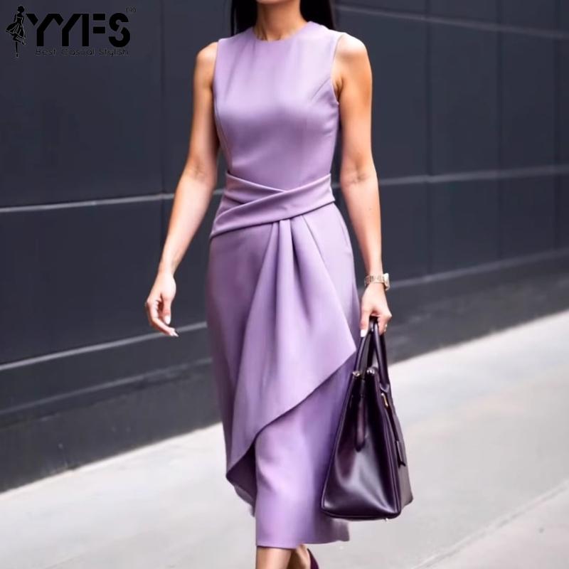 YYFS Женская мода лето весна однотонный принт без рукавов с круглым вырезом и высокой талией повседневные платья