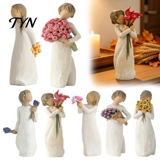 Gift for Mothers Day Girl Holding Bouquet Resin Figurine, Faceless Lady Statue, Romantic Desktop Ornament Durable Craft Living Room Bedroom
