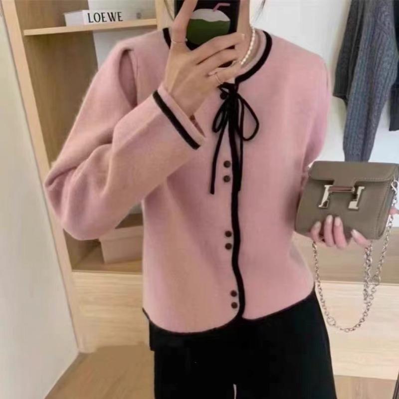 Autumn and Winter New Bow-tie Knitted Cardigan Women's Soft Waxy Loose Age-reducing Single-breasted Sweater Jacket