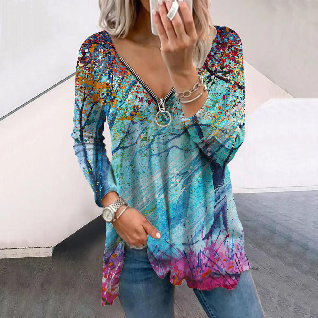 Женские футболки с длинным рукавом и принтом «Осенний красочный лес», свободные футболки больших размеров с V-образным вырезом, удобные блузки