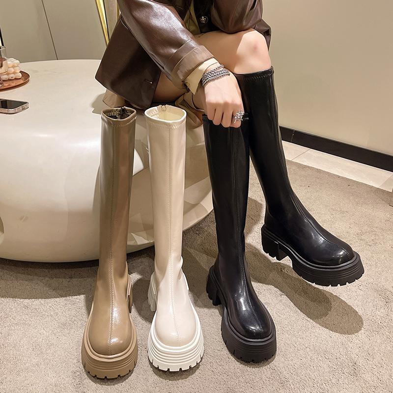 Большие размеры тонкие эластичные сапоги для женщин зимняя новинка бисквитные сапоги на толстой подошве выше колена высокие рыцарские сапоги