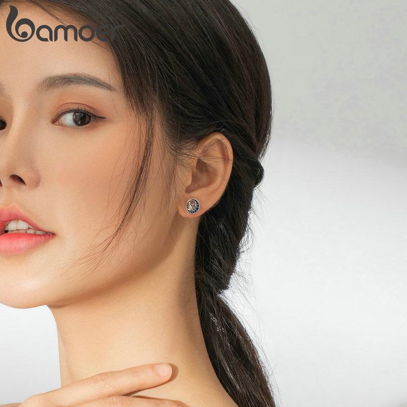 BAMOER, круглые серьги-гвоздики из стерлингового серебра 925 пробы с котом на Луне для женщин, ювелирные изделия