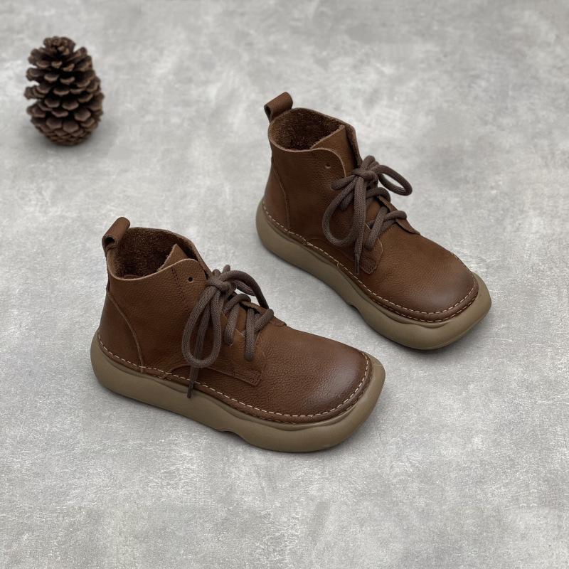 Johnature Ретро-ботинки из натуральной кожи, короткие, с широким носком, со шнуровкой, из коровьей кожи, с мягкой подошвой, женские ботинки