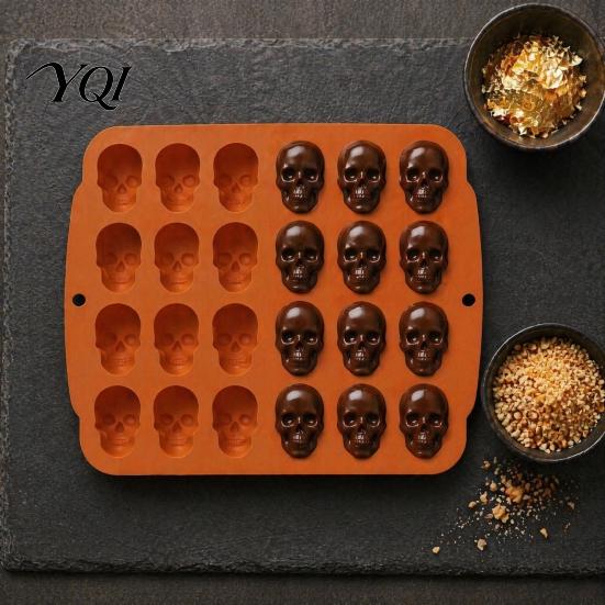 Halloween Party Supplies Skull Cake Mold with 20 Cavity, Theme, Silicone Non-Stick Candy Mousse Mold, Realistic 3D Tray for Baking Jelly Pudding DIY