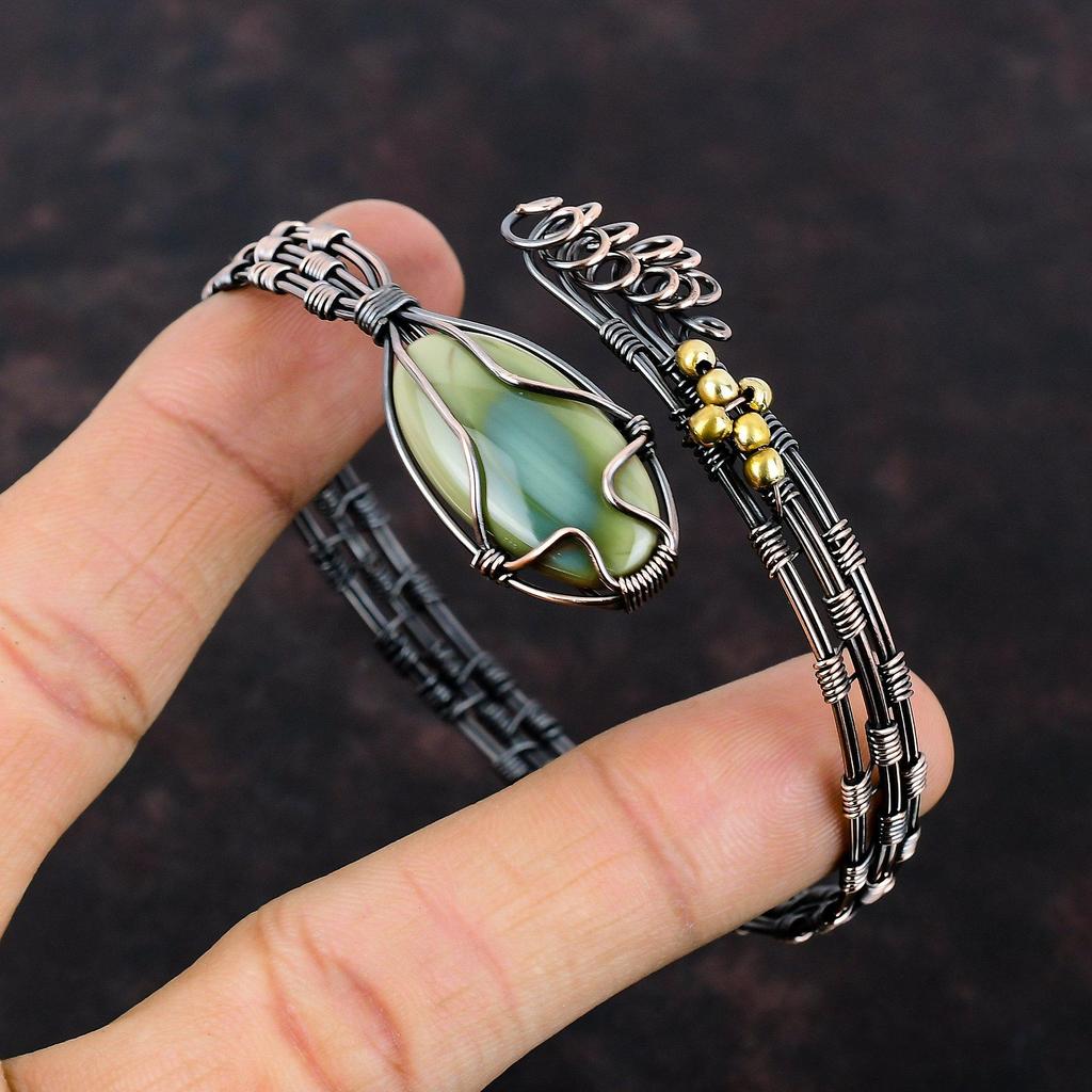 Браслет-манжета из императорской яшмы Браслет-манжета из медной проволоки Регулируемый браслет Браслет-манжета из драгоценного камня Браслет ручной работы Медные украшения для подарка