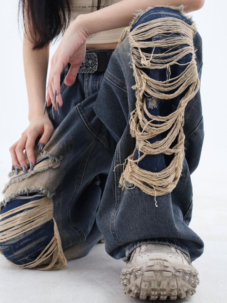 Готические черные джинсы с высокой талией, винтажные женские корейские модные уличные рваные брюки Y2k, женские повседневные широкие джинсовые брюки в стиле Харадзюку