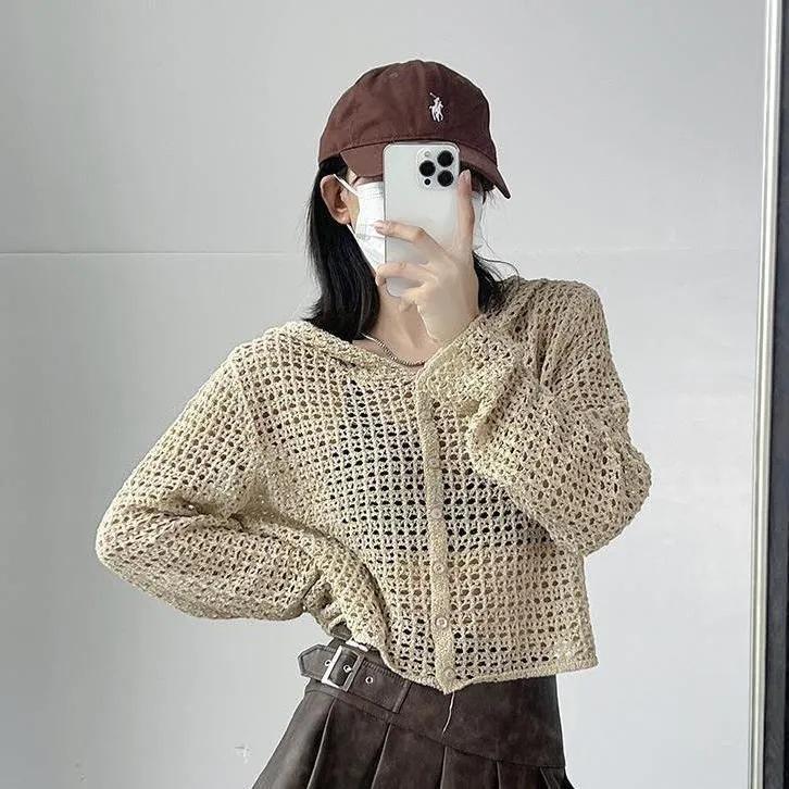 Long Sleeved Sun Protection Cardigan Korean Version Lazy Top Hooded Knitted Spring/summer Short Cut Hollow Knit Sweater