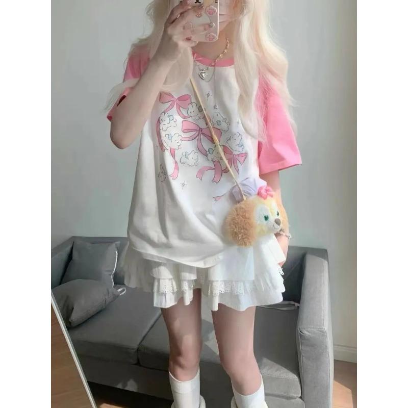Kawaii кролик графический розовый футболки женские японский стиль Y2k милый мультфильм футболки Harajuku милые топы с короткими рукавами летние