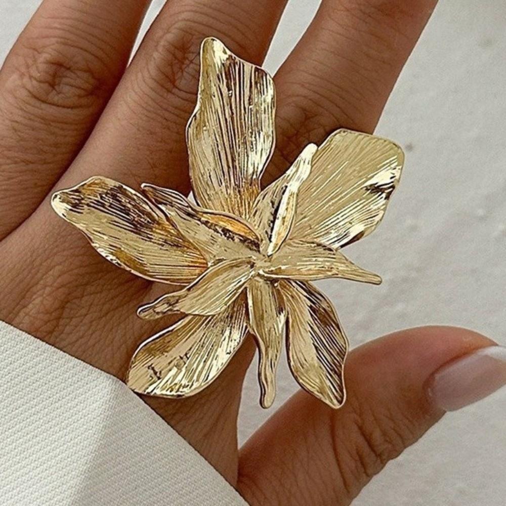 Adjustable Metal Flower Ring Double Layered Irregular Geometric Petal Ring  Trendy