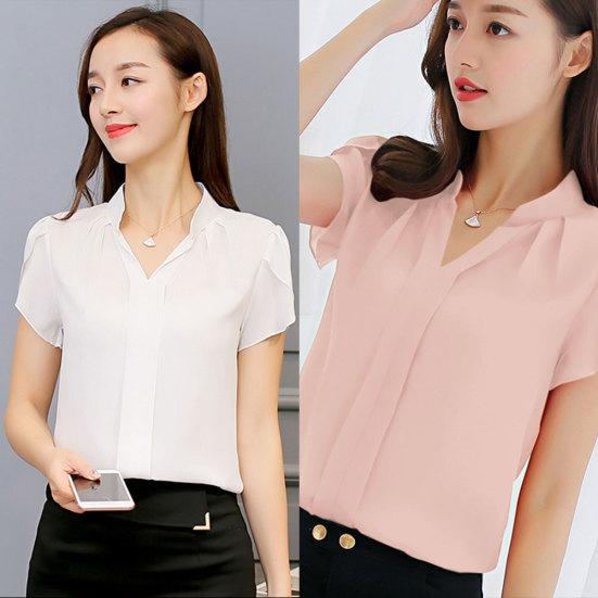 Летняя футболка с коротким рукавом и V-образным вырезом, модная однотонная шифоновая женская блузка-топ