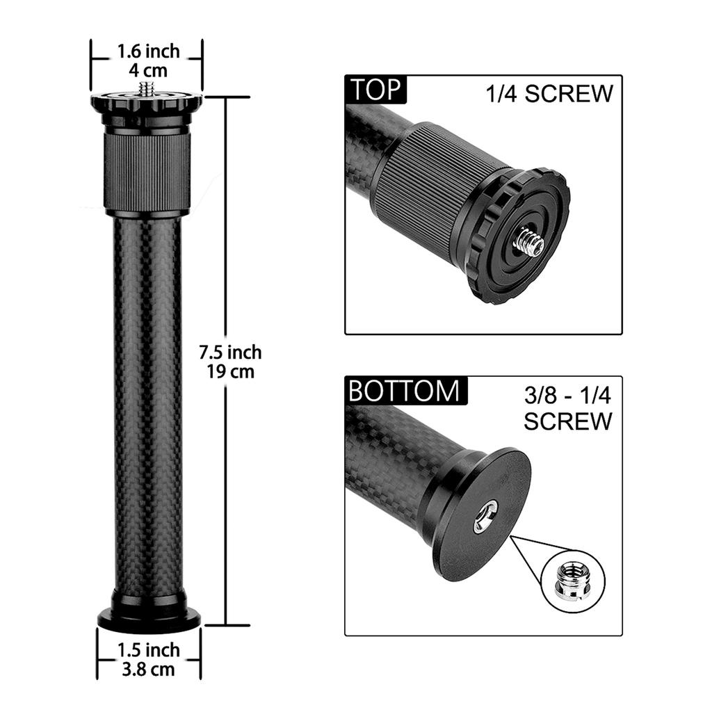 Carbon Tripod Extension Pole, 2-Section Extendable Rod . Height 32cm 12.6inch with 1-4inch Screw for Tripod Monopod