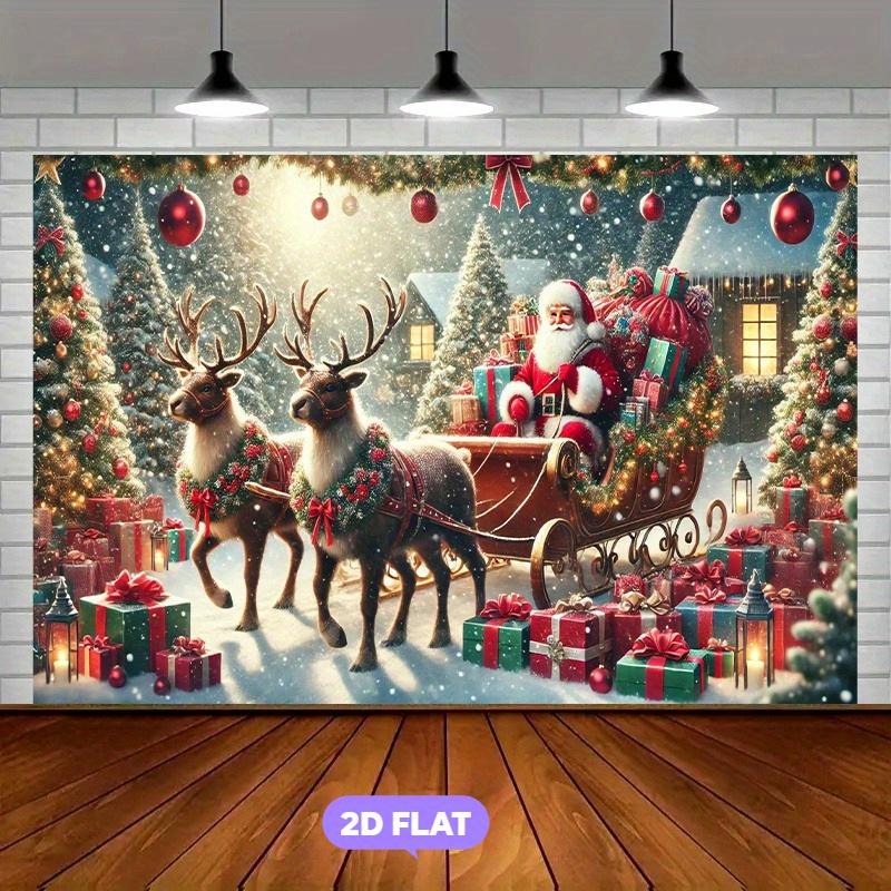 A 2D flat Christmas polyester background cloth featuring scenes of Santa Claus reindeer and snow village Christmas decorations