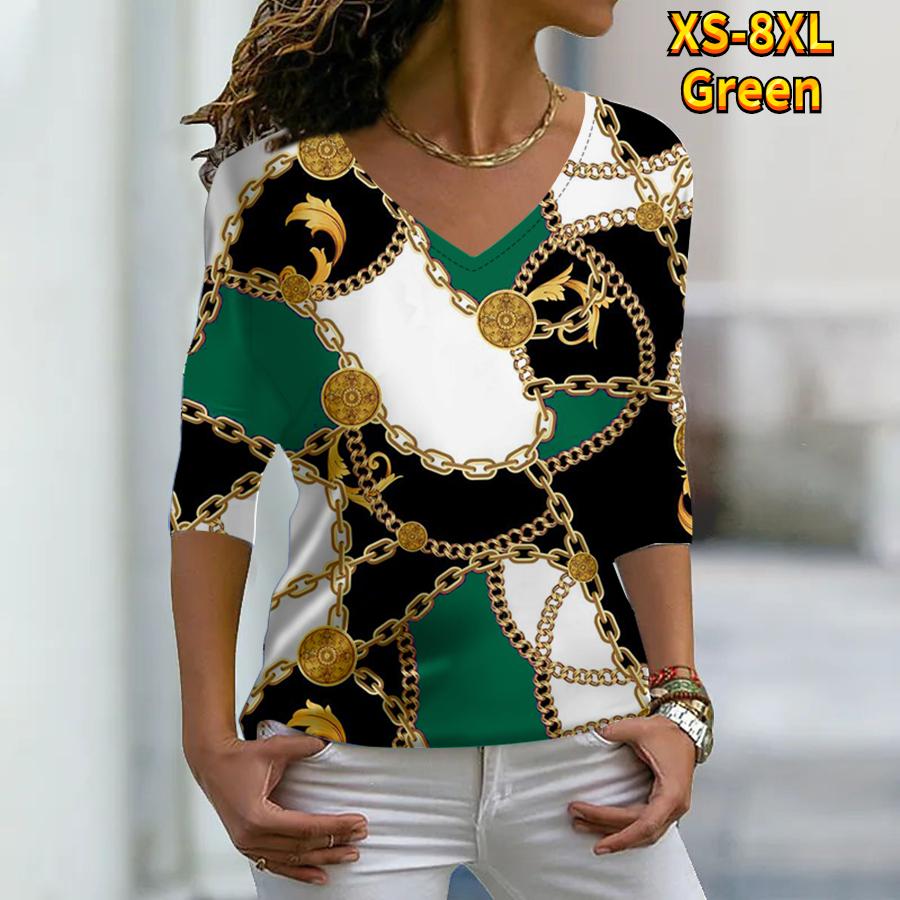 Женские осенние футболки с длинными рукавами с цветочным принтом и золотой цепочкой, свободные футболки с v-образным вырезом, большие размеры, топы, удобная блузка