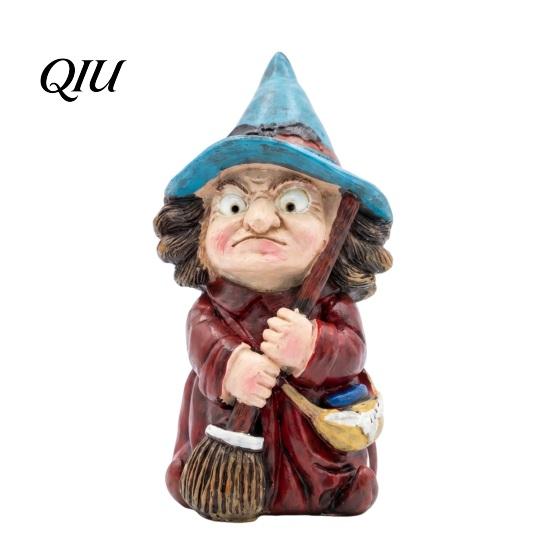 Halloween Witch Ornament on Broomstick Resin Figurine, Gnome Statue with Wizard Hat, For Shelf Vintage Spooky Decor for Desk Table, Gift Lovers