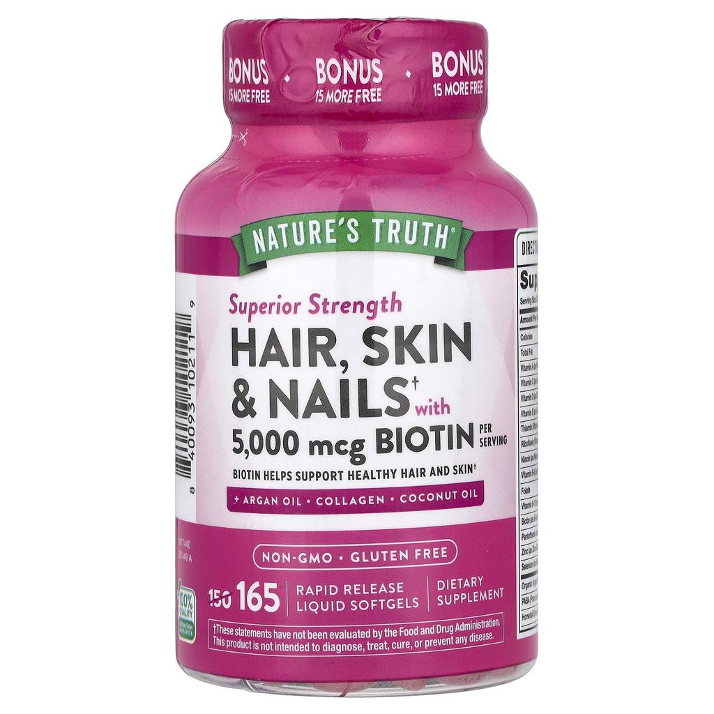 Nature's Truth Hair, Skin, Nails, Biotin-containing, Superior Strength, Immediate-release Liquid Softgel, 165 Tablets