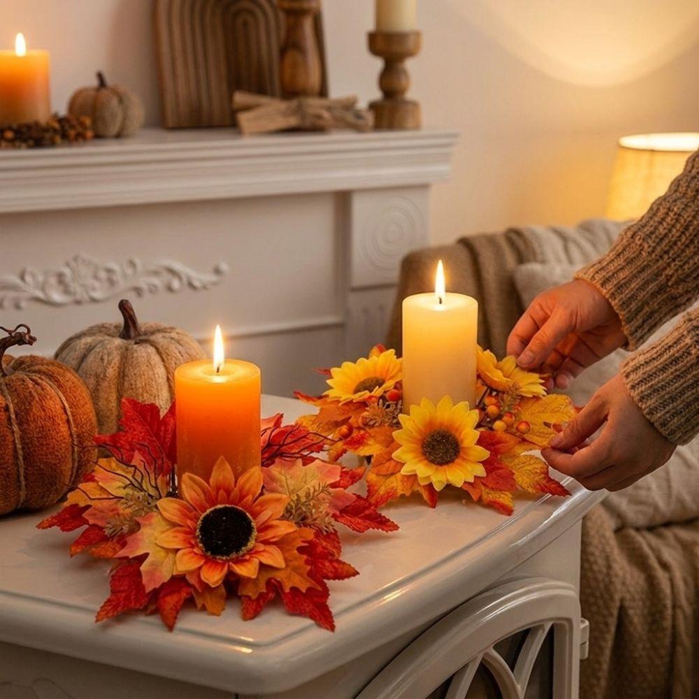 Fade Resistant Sunflower Maple Candle Ring Wreath Fall Decoration