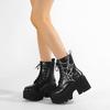 Women Punk Boots PU Leather Embroidered Spider Web Design Shoes Cool Retro Chunky Wedges Platform Boots Lace Up