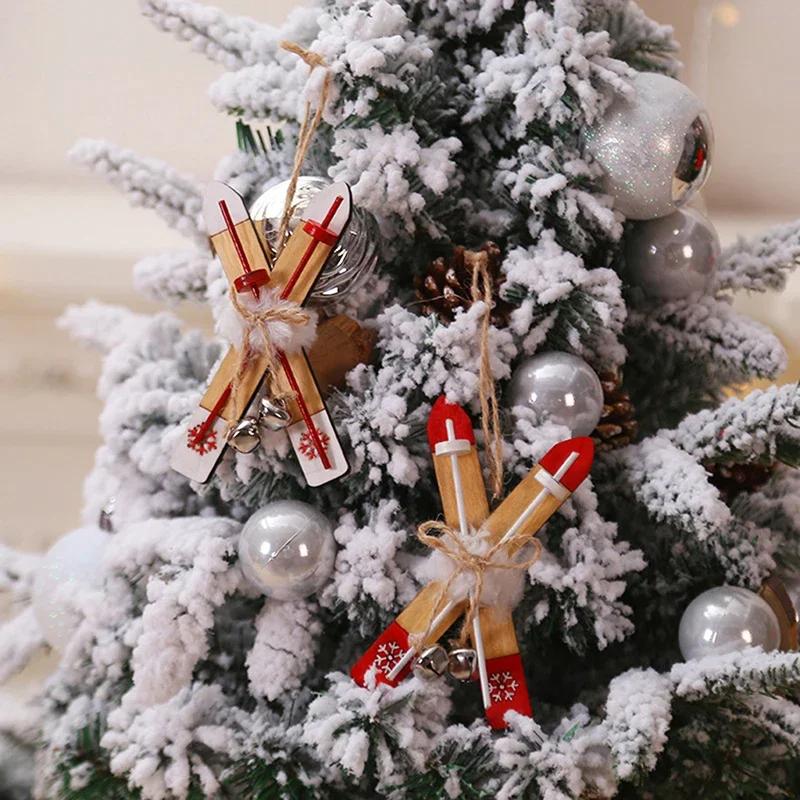 Doll House Mini Wooden Skis Crafts Supplies New Year Christmas Pendant Sled Christmas Tree Home Decor Gift