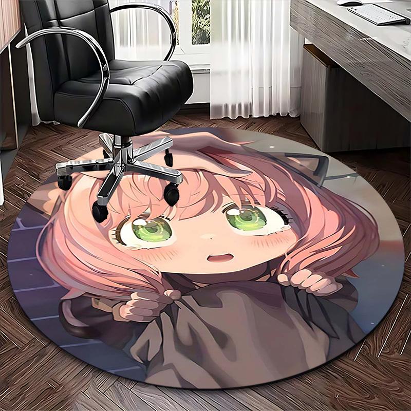 1pc Anime Design Round Carpet Cute Cat Girl with Pink Hair and Green Eyes, Office Chair Mat, Home Decor, Living Room, Bedroom, Non Slip Rug, Gift