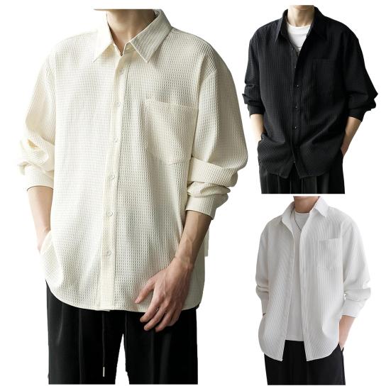 Мужская вафельная рубашка на пуговицах с длинным рукавом, повседневная свободная футболка с нагрудным карманом, мужская осенняя деловая рубашка