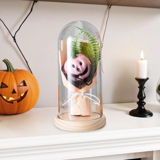 Halloween Light Up Pumpkin In Clear Cloche Handmade Glowing Pumpkin Light for Home Kitchen Mantel Tabletop Indoor Halloween Decoration