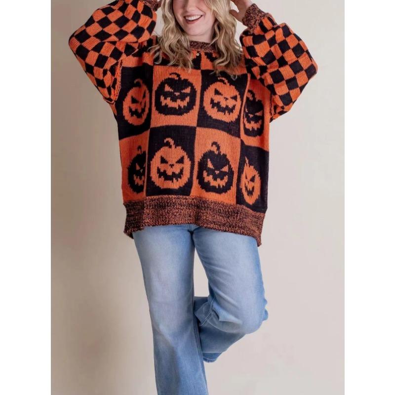 Осень-зима, длинные рукава, женские свитера, мода, большие размеры, Хэллоуин, свободный свитер с круглым вырезом, винтажный женский элегантный принт, повседневные джемперы 25367