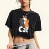 Three Cartoon Cats Print Washed Tee Shirt Women Crop Summer Casual Short Sleeve Cotton T-Shirt Comfortable T Shirts
