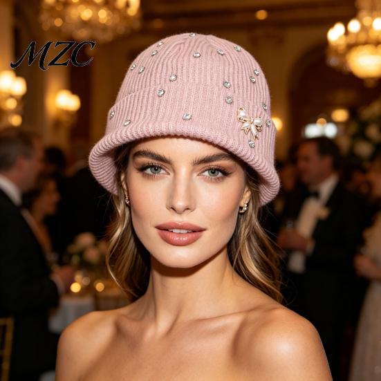 Warm Knit Hat for Large Heads Sparkly Winter Knitted Hat, Women Rhinestone with Faux Pearl Bow, Korean Style Headwear Stretch Cuffed Ribbed Skull Cap