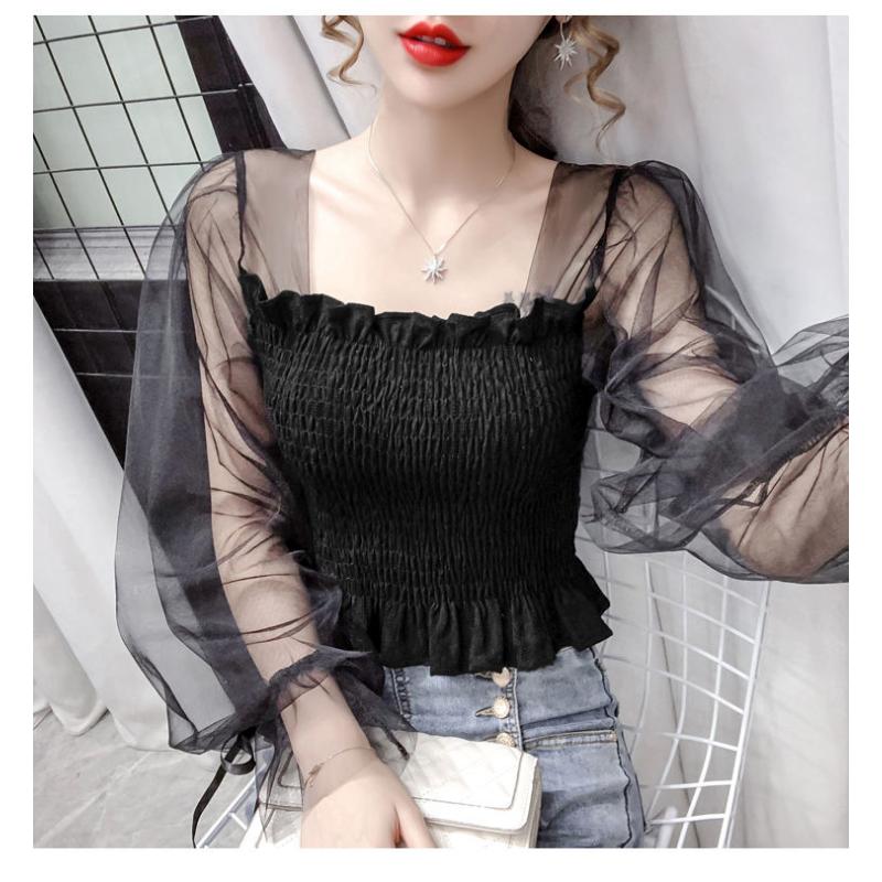 Mesh Puff Sleeve Elastic Waist Women Blouse Square Neck Cropped Top Black White Sweet Fairy Style Lace Up Bow Spring Summer