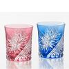 Kagami Crystal Pair of Rock Edo Chrysanthemum Red and Wooden Boxed Glasses, TPS542-2995-AB, Design, Blue,