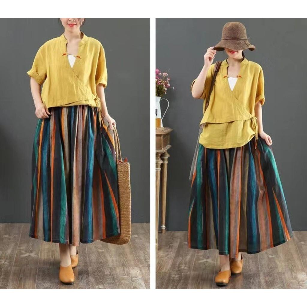 Qooth Женская хлопковая плиссированная юбка А-силуэта, льняная в полоску, с широким подолом, средней длины, на резинке, QT2651