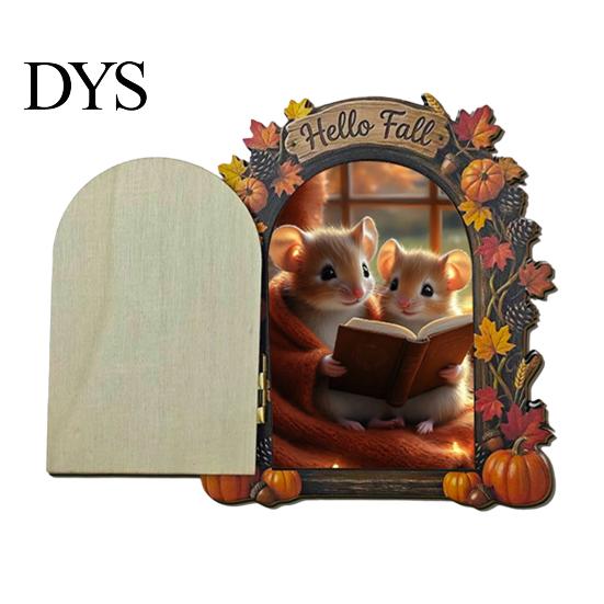 Fall Home Decor Accents Elf Wooden Door Halloween Decor, 2D Fairy Mouse Miniature Wall Rustic Autumn Shelf Hanging, Ornament for Home, Thanksgiving