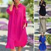Летнее женское платье с отложным воротником, свободные длинные рукава, однотонное, до середины икры, с боковыми карманами, однобортное, повседневное