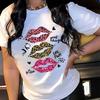 Leopard Lips Print T-shirt Casual Short Sleeve Crew Neck Summer Top Women's Clothing Female Clothes Vintage Tops