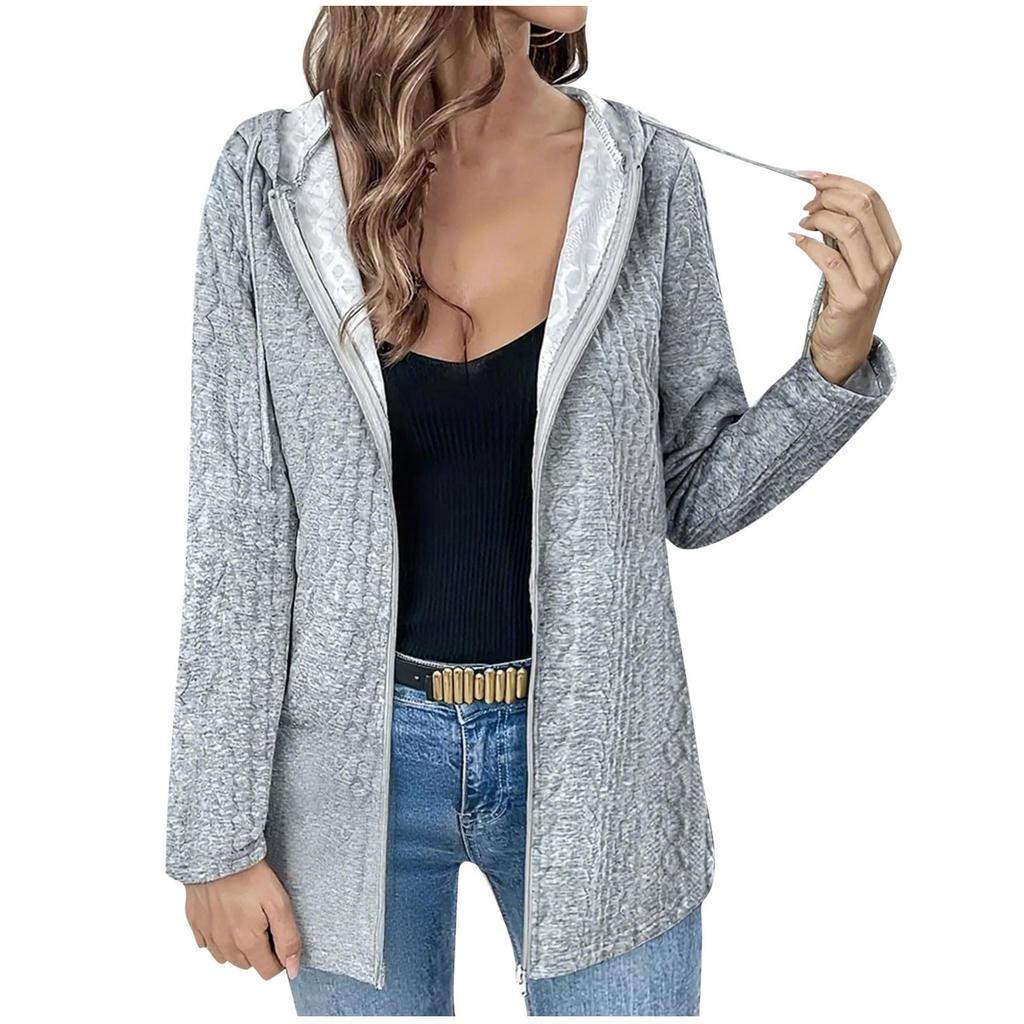 Women's Solid Color Loose Zipper Long Sleeved Hooded Top Casual Cardigan Jacket