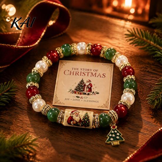 Commemorative Holiday Blessing Gift Christmas Bracelets for Women, Beaded Charm Stretch Bracelet with Stretchy Bead Girls Card, Jewelry Stocking