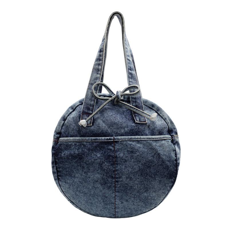 Bow Round Shape Denim Bag For Women Streetwear Fashion Large Capacity Casual Purse