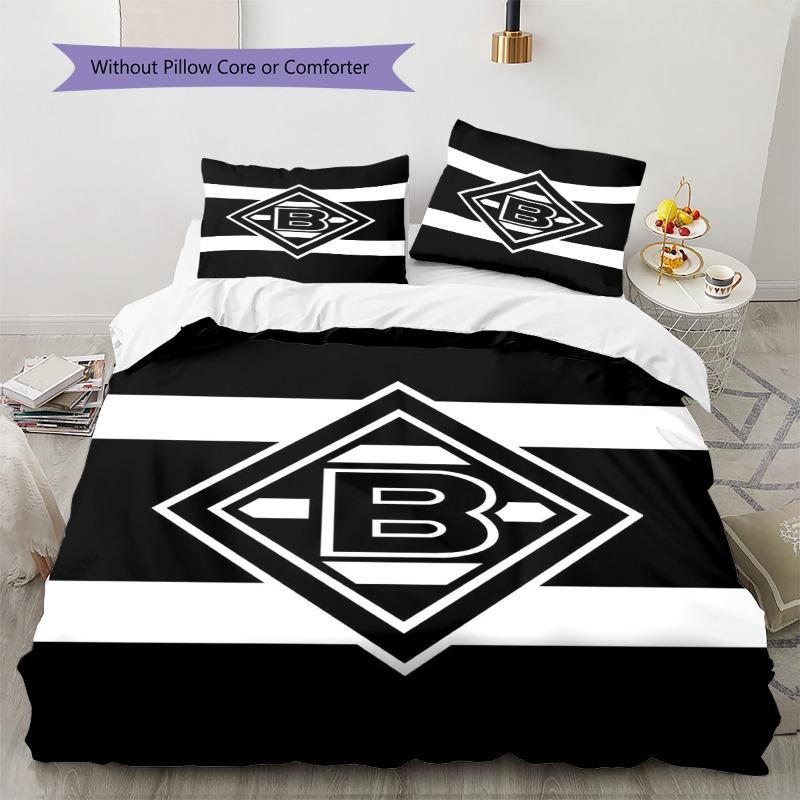Gladbach Club Logo Black White Horizontal Stripe Print 3 Pieces Duvet Cover Set Soccer Fan Bedding Bedroom Home Decor Without Pillow Core